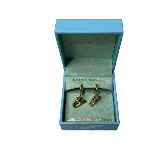 Paige Harper Gold Tone Cowgirl Cowboy Hat Cubic Zirconia Set in Brass Earrings - Picture 1 of 5